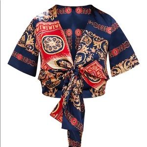 Blue Scarf Print Short Sleeve Tie Front Blouse